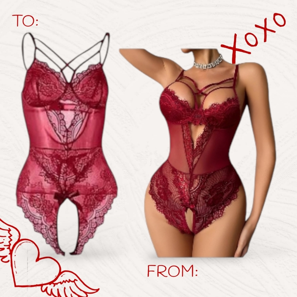 Women Lingerie Floral Lace Harness Lingerie Red Bodysuit Large